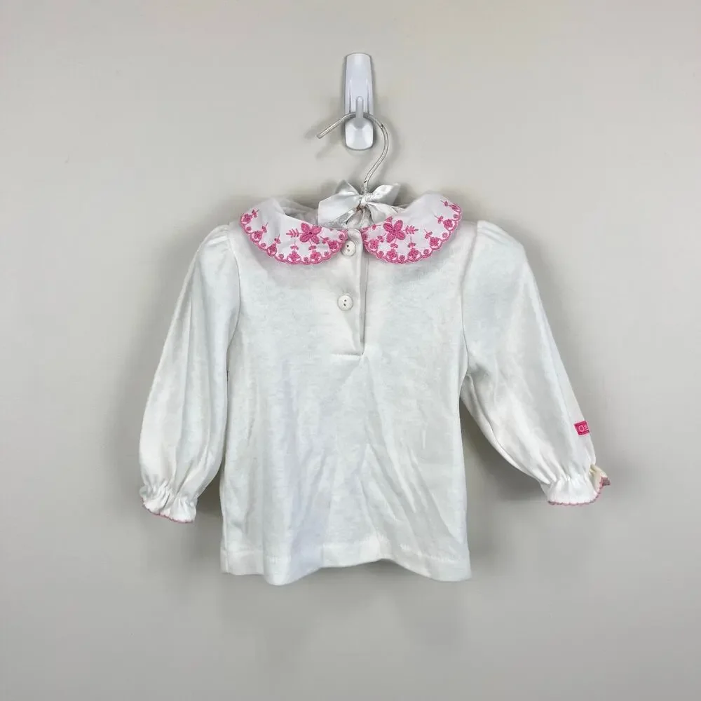 Vintage OshKosh B'gosh White Pink Embroidered Flower Collared Top 6-9 Months
